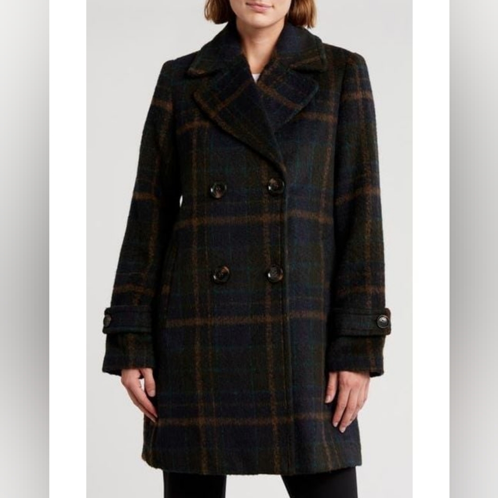 Sam Edelman Double Breasted Plaid Coat olive green XXL